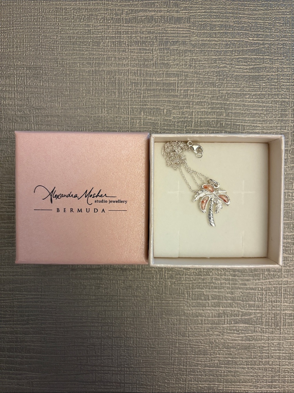 Alexandra Mosher Bermuda Pink Shell Palm Tree Necklace - Silver Finish
